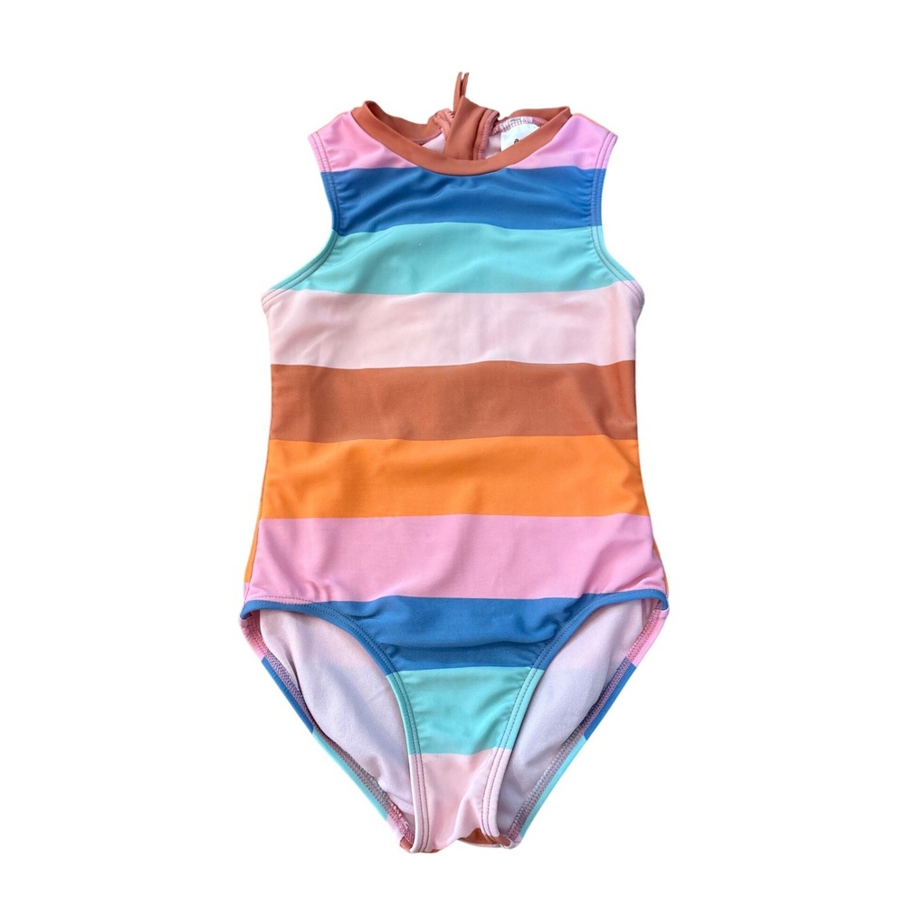 Art Class One Piece Swimsuit Kids Multicolor Striped High Neck Zip Back SIZE S 6